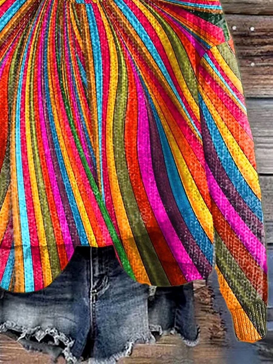 Damen Pullover Mode Lässig Grafik Gestreift Abstrakt Rundhalsausschnitt Patchwork Blumen Gestrickt Langarm Normale Oberteile Stricken Arbeit Regenbogen Herbst Winter 2025 - $28.99 –P3