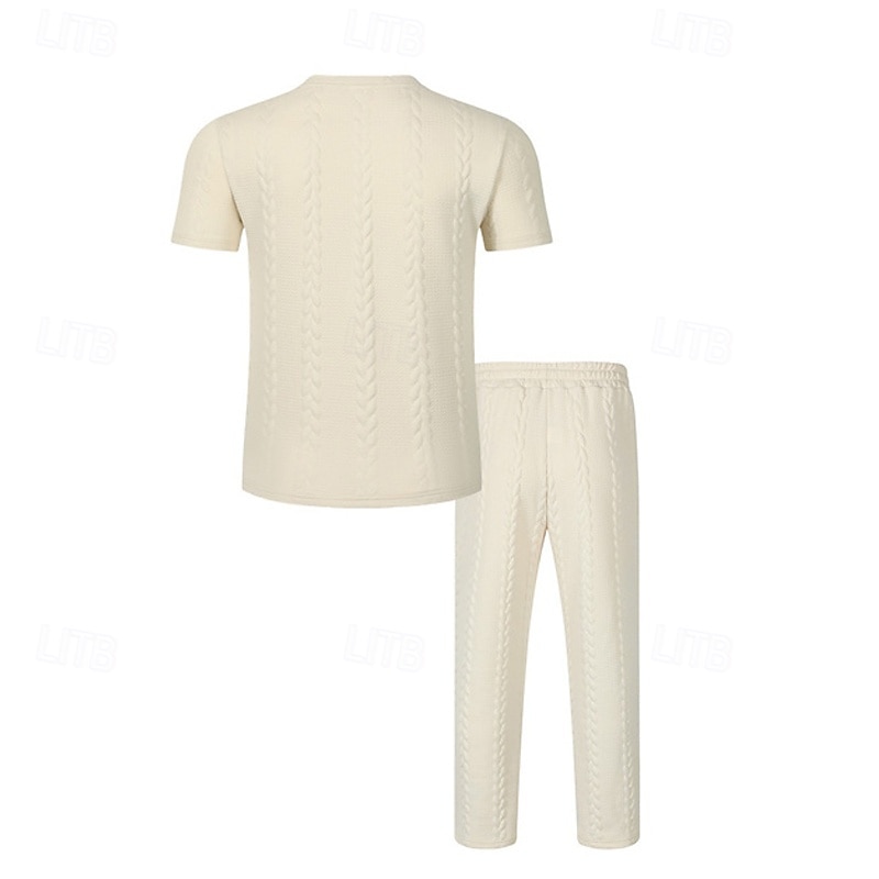 Bărbați Costume de tricou Seturi de cămașă și pantaloni tinute 2 piese Manșon scurt Crewneck Vară Primăvară Simplu Modă Casual Jacquard 2 bucăți Vacanță Purtare Zilnică Ieșire Negru Alb Kaki Top 2026 - $34.99 –P6