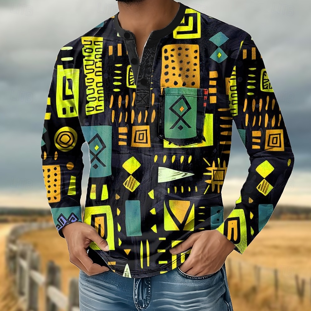 Per uomo Astratto Maglia Henley Maglietta Manica Lunga Retrò Vintage Casual Casuale Primavera Autunno Tutte le stagioni Blu Verde Arancione Henley Maglietta Henley del 2026 a $25.99 –P2
