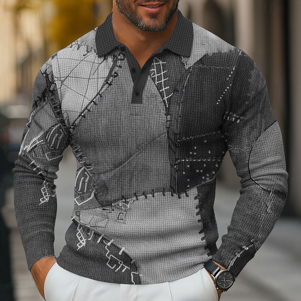 Per uomo Blocco di colori Magliette Polo a Nido d'Ape Manica Lunga Magliette polo Camicie con Colletto Casual Abbigliamento quotidiano Stampa 3D Bottoni Primavera Autunno Inverno Blu Marrone Grigio del 2026 a $26.99 –P3