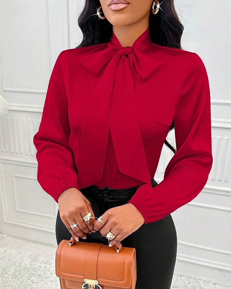 Women's Shirt Elegant Dressy Satin Top Bow Solid Color Elegant Stylish Basic Long Sleeve Tie Neck High Neck Regular Tops Daily Going out Red Spring Fall 2026 - $26.99 –P4