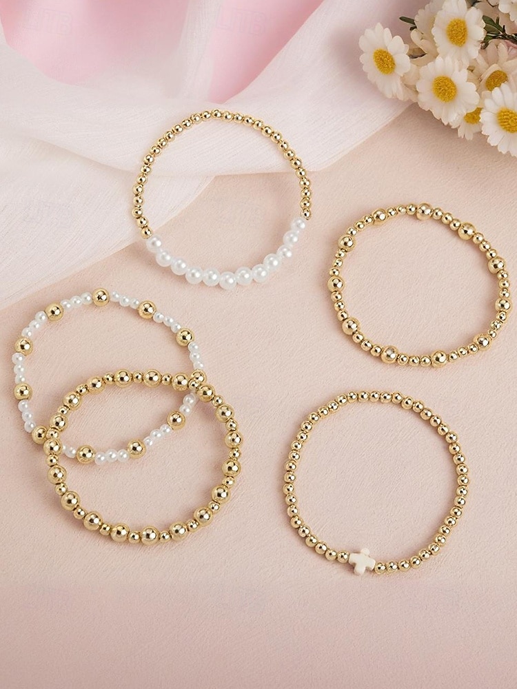 Women's Pearl and Gold Bead Bracelet Set – 6Pcs Stretch Layered Beaded Bangles, Elegant Fashion Jewelry for Parties, Weddings & Daily Wear 2026 - $7.99 –P4