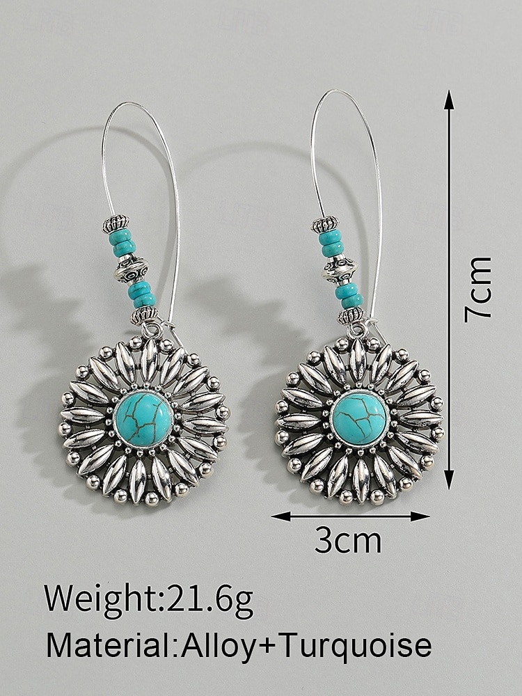 Boheemse oorbellen met bloemen en turquoise steen voor dames, vintage oorbellen van legering voor casual gebruik, op het strand en op feestjes 2026 - $7.99 –P9