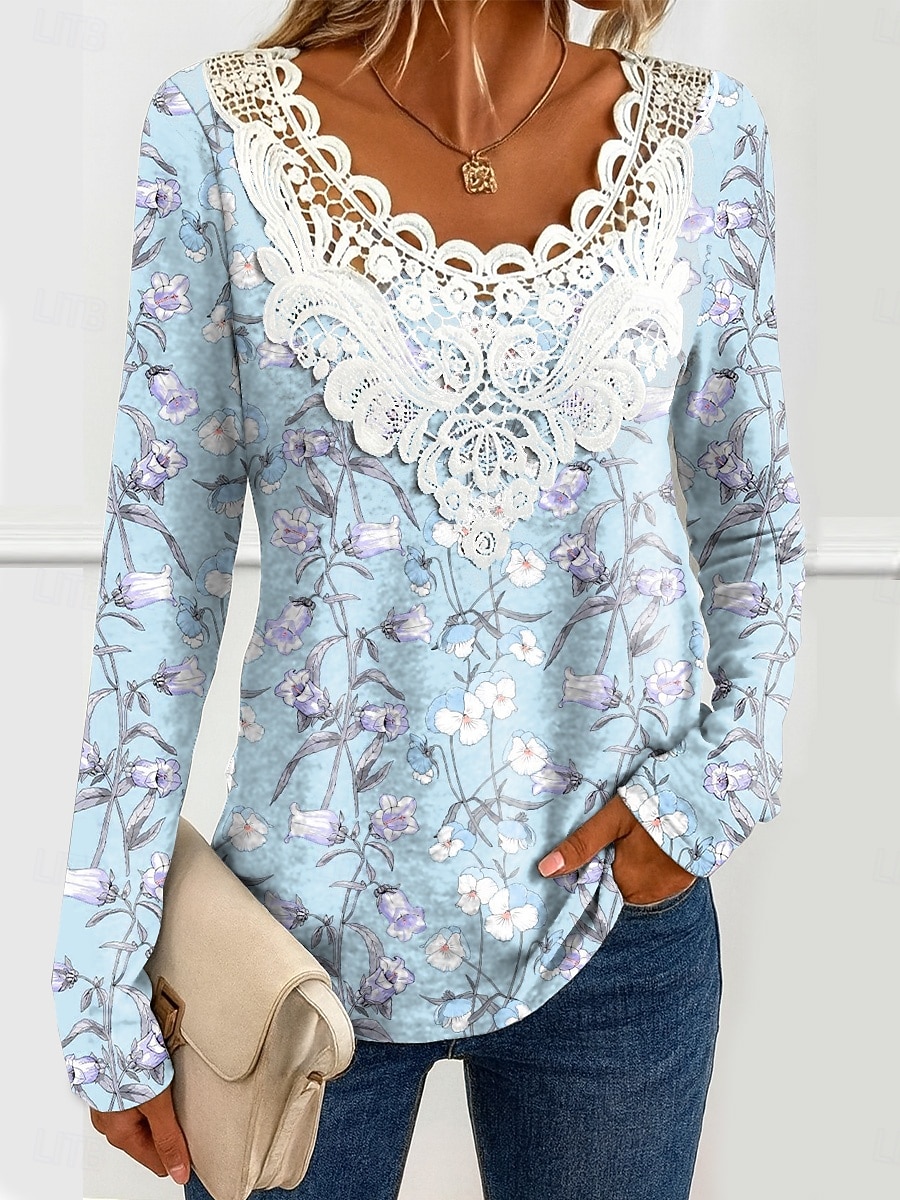 Blusa donna tunica pizzo cucito scollo a V manica lunga grafica floreale piante vintage girocollo top regolari quotidiani uscita weekend stampa pizzo nera rossa azzurro polveroso verde primavera del 2026 a $26.99 –P3