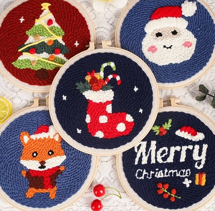 Weihnachtsstickerei-Sets, DIY-Stanznadel-Starterset, handgefertigtes Handarbeitsset für Anfänger, Stoffmaterialpaket mit Feiertagsmotiv, handgefertigtes Kunsthandwerkszubehör für 2025 - $15.99 –P1