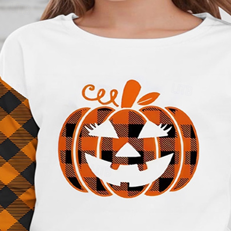 Halloween Tyttöjen 3D Kurpitsa T-paita Pitkähihainen Kevät Syksy Muoti Perus Lapset 4-12 vuotta Tiukka pyöreä kaula-aukko ulko- Kausaliteetti Päivittäin Normaali 2025 - $13.99 –P2