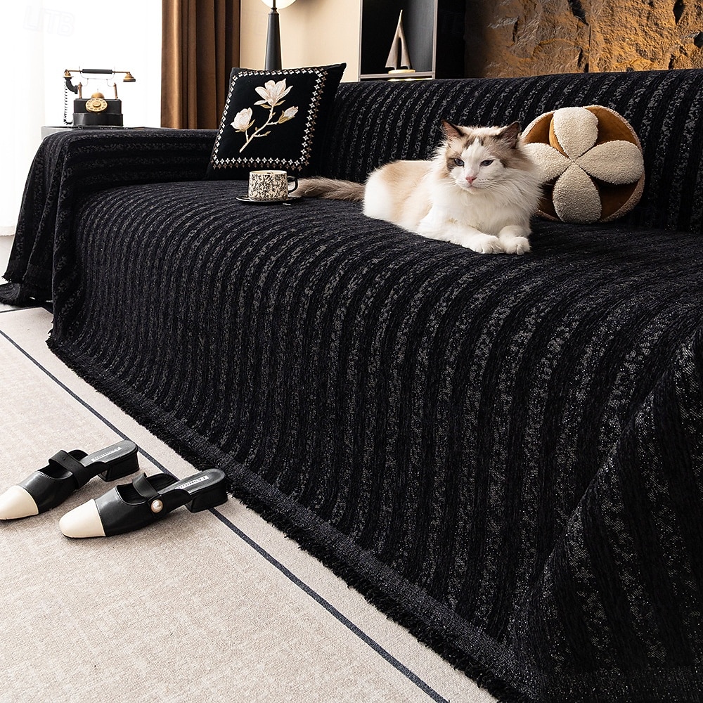 zsenília kanapéhuzat, minimalista csíkos huzat, luxus csúszásmentes kanapévédő, háziállatbarát kanapéhuzat, univerzális kanapétakaró 2026 - $34.99 –P5