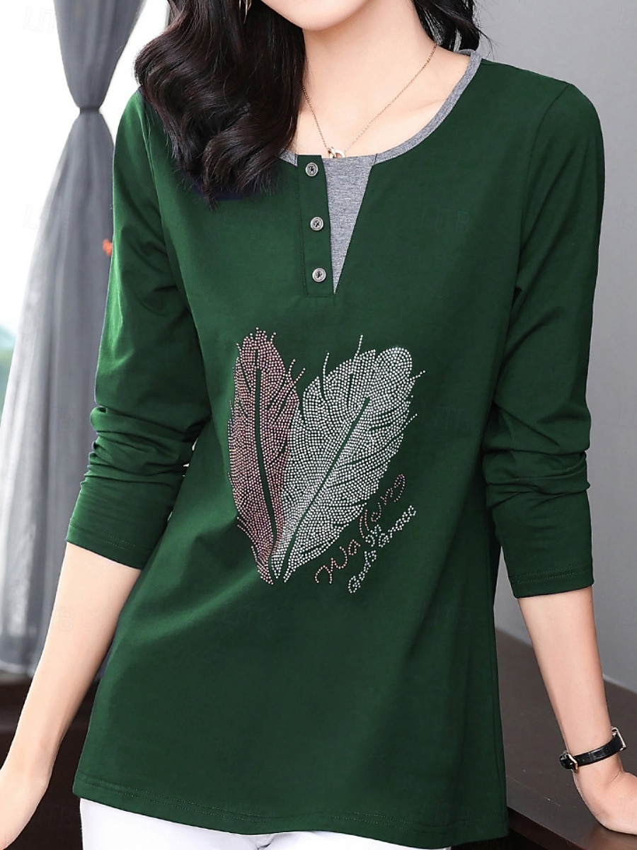 Damen Bluse Feder Stilvoll Lässig Langarm Rundhalsausschnitt Normale Oberteile Täglich Patchwork Salbeigrün Schwarz Rosa Rote Königsblau Frühling Herbst 2025 - $12.99 –P10