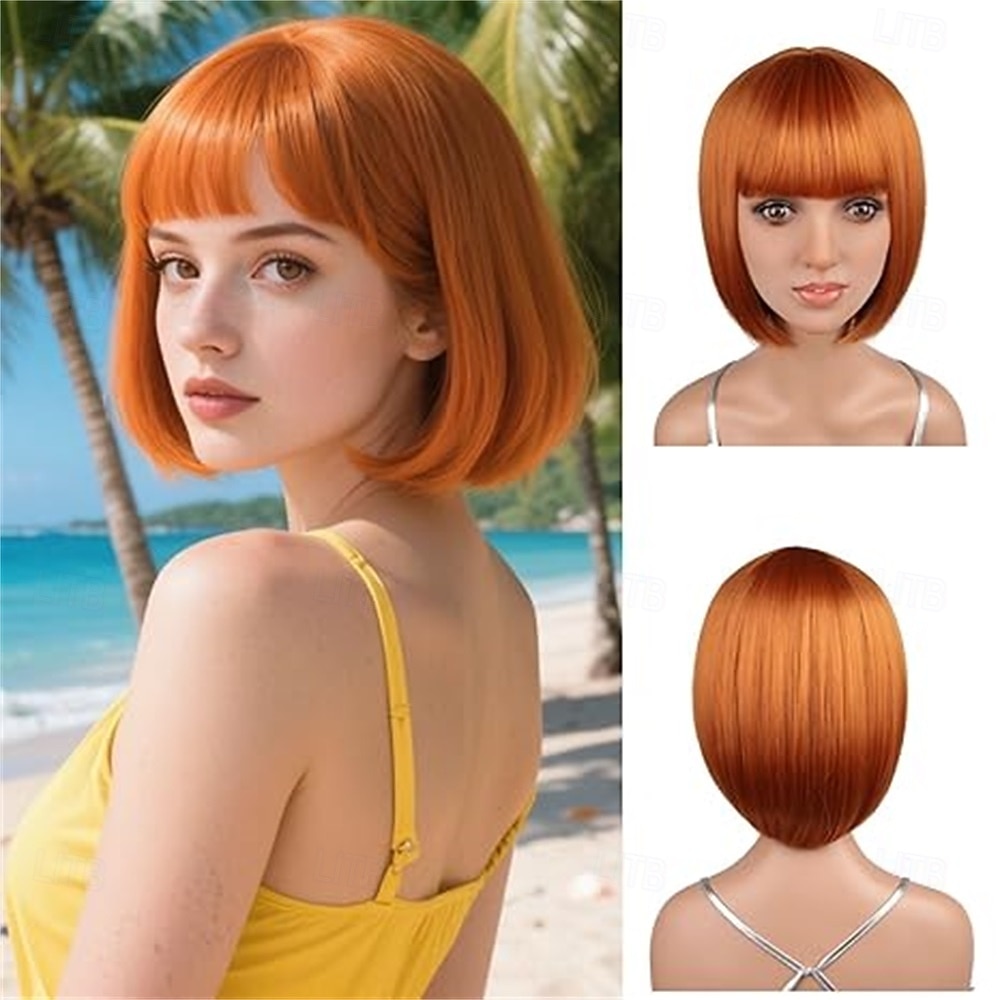 12-calowa krótka peruka typu bob w kolorze różowo-fioletowym z grzywką, kolorowa peruka na Halloween, codzienny cosplay &Peruki imprezowe odporne na ciepło, proste, syntetyczne, cosplay, 2025 - $16.49 –P2