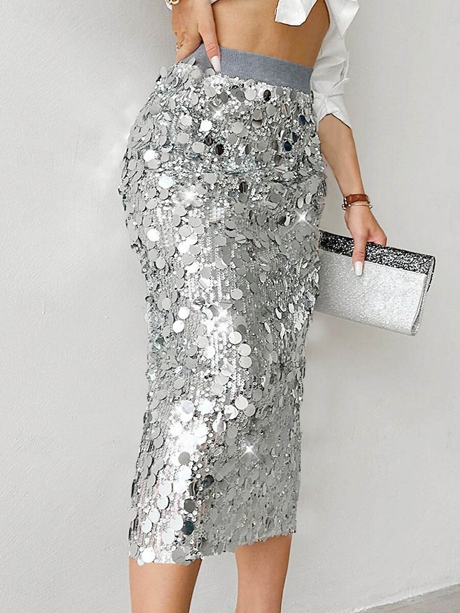 Per donna Gonna Aderente Elegante Moda Midi Vita Alta Gonne Semplice Paillettes Elasticizzato Feste Streetwear Argento Nero Oro Primavera Poliestere del 2025 a $47.99 –P9