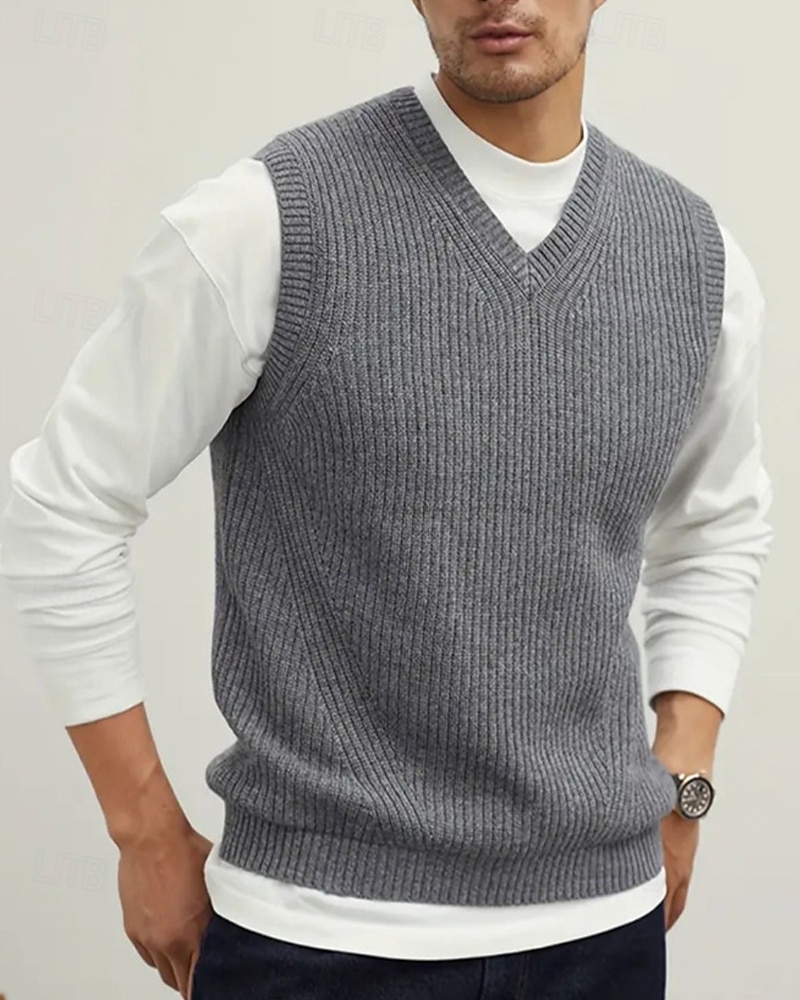 Men's Sweater Vest Dress Sweater Pullover Sweater Jumper Vest Knit Sweater Ribbed Knit Regular Tops Knitted Plain V Neck Fashion Casual Vacation Daily Wear Clothing Apparel Fall Winter Black Green S 2025 - $22.99 –P1