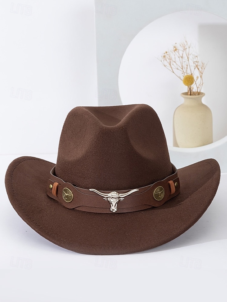Chapéu de cowboy masculino com faixa de cabeça de touro – chapéu fedora vintage de feltro com aba larga para rodeio, estilo ao ar livre e presente de Natal de 2026 por $29.99 –P7