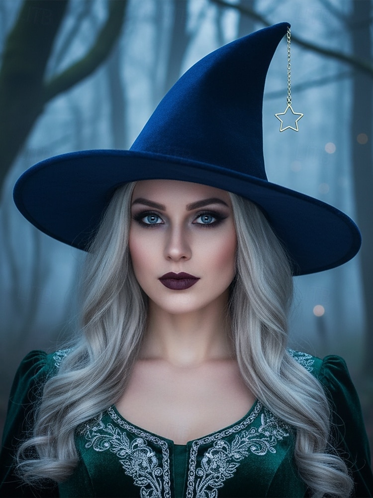 Dámský halloweenský čarodějnický klobouk – sametový špičatý čarodějnický klobouk s hvězdným přívěskem na kostýmní párty, cosplay a festival 2025 - $14.99 –P3