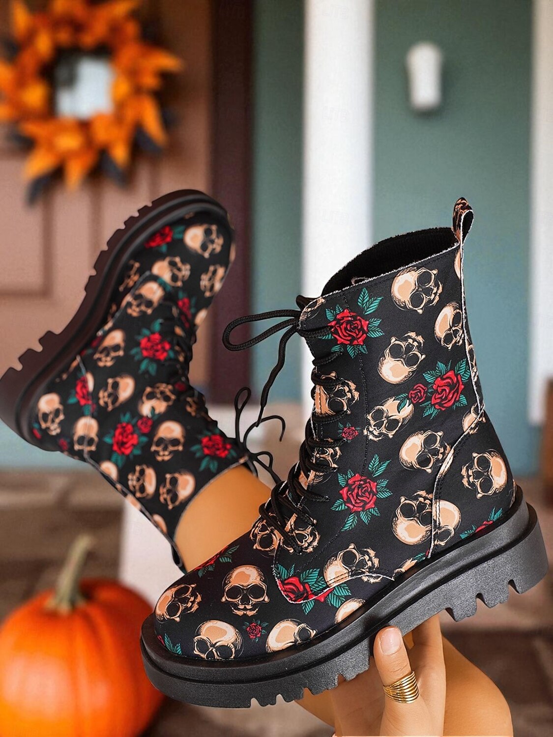 2025年 レディースハロウィンスカルプリントコンバットブーツ - ゴシックフェスティバルやコスプレパーティーにぴったりのバラ柄レースアップチャンキーソールアンクルブーツ  コレクション – $29.99 –P2