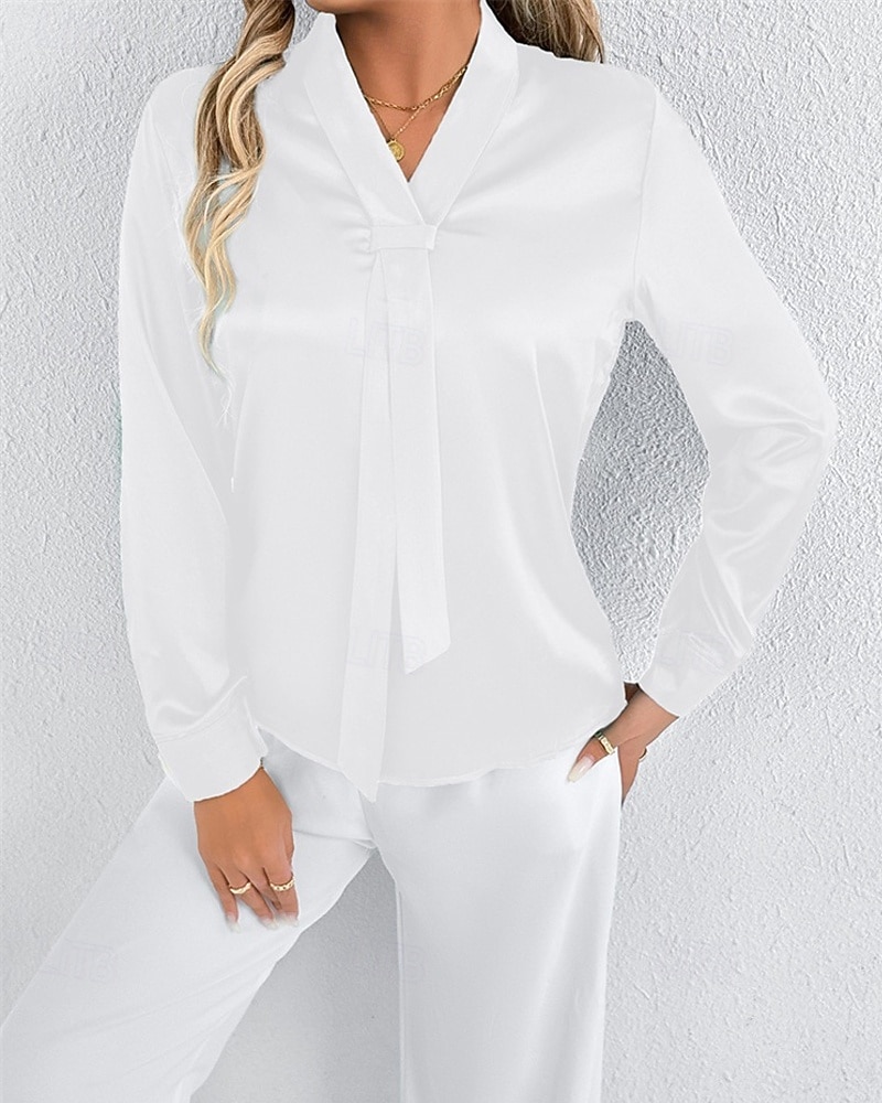 Per donna Camicia Camicia in raso Tinta unica Elegante Casual Manica Lunga Scollo a V Top Regolari Quotidiano Uscire Nodo frontale Nero Bianco Primavera Autunno del 2025 a $18.99 –P5