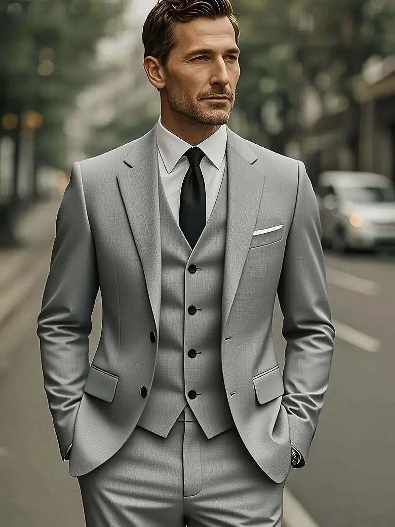 Heren Bruiloft Trouwpakken Ingesneden revers Zwart Bordeaux Jurken Effen Standaard pasvorm 3-delige set Enkele rij knopen met twee knopen 2025 - $129.99 –P6