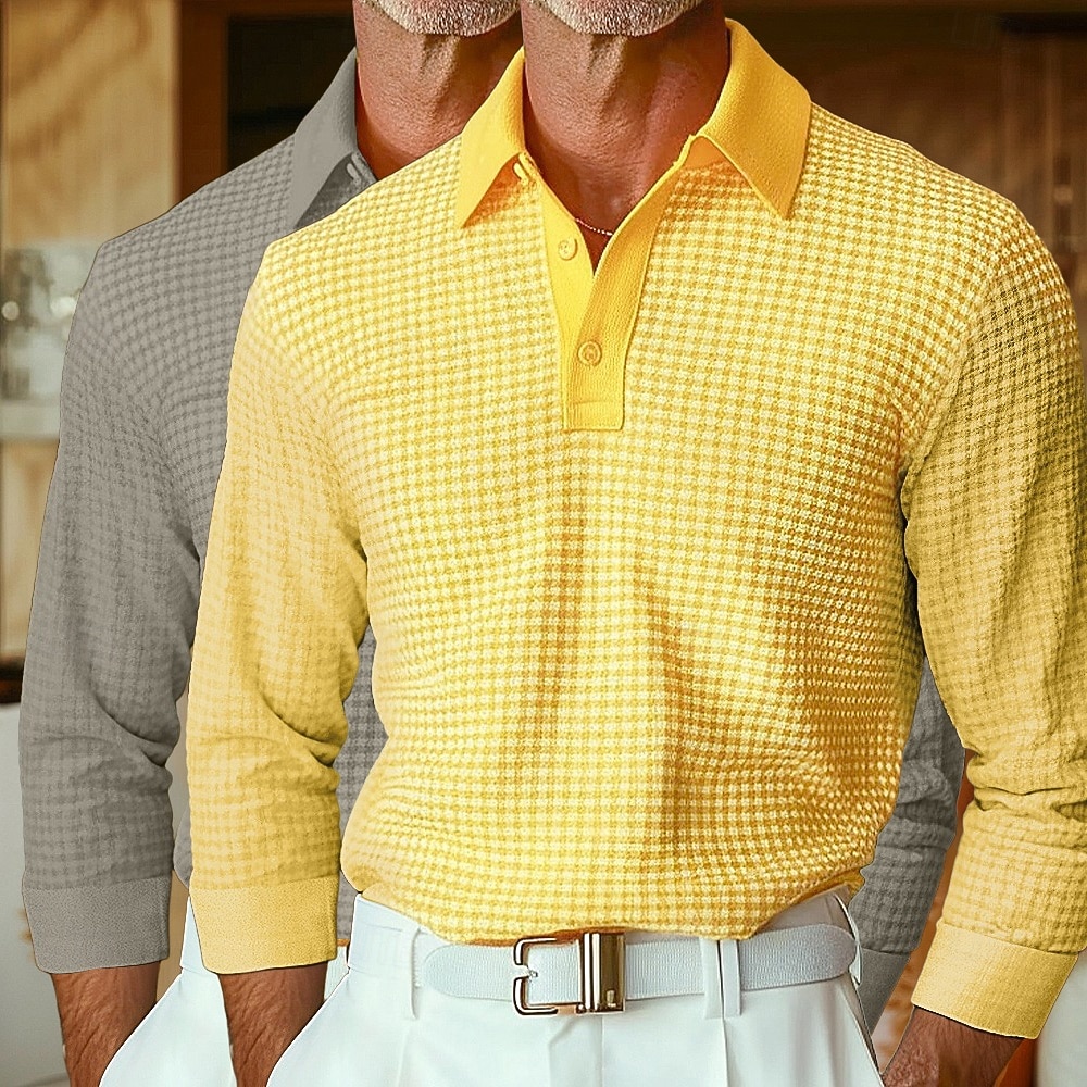 Herren Waffel-Poloshirts Golfshirt Langarm Kragen Revers Frühling Herbst Ganzjahres Einfach Texture Basic Modern Lässig 2 teilig Knöpfe Straße Lässig Sport A B C Top T-Shirt für Herren 2025 - $40.99 –P7