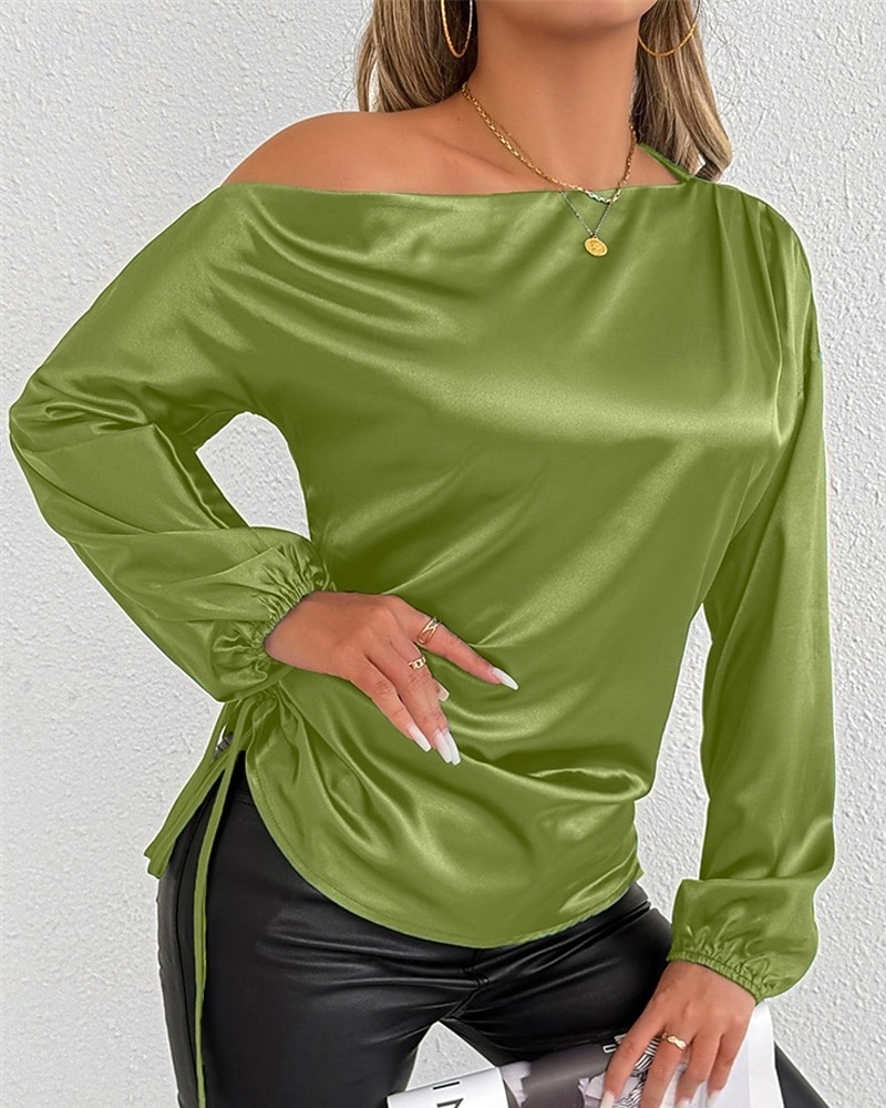Mulheres Camisa Social Elegant Elegante Top de cetim Assimétrico Tecido à moda Casual Manga Longa ombro frio Tops regulares Diário Para Noite Preto Verde Primavera Outono de 2026 por $28.99 –P12