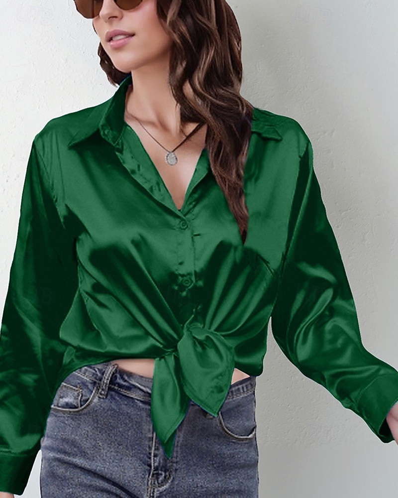 Damskie Koszula Elegancki Szykowny Top satynowy Guziki Jednokolorowe Elegancki Codzienny Długi rękaw Kołnierzyk koszuli Zwykłe topy Codzienny Wyjściowe Niebieski Jasnozielony Rumiany róż Żółtobrązowy 2026 - $27.99 –P6