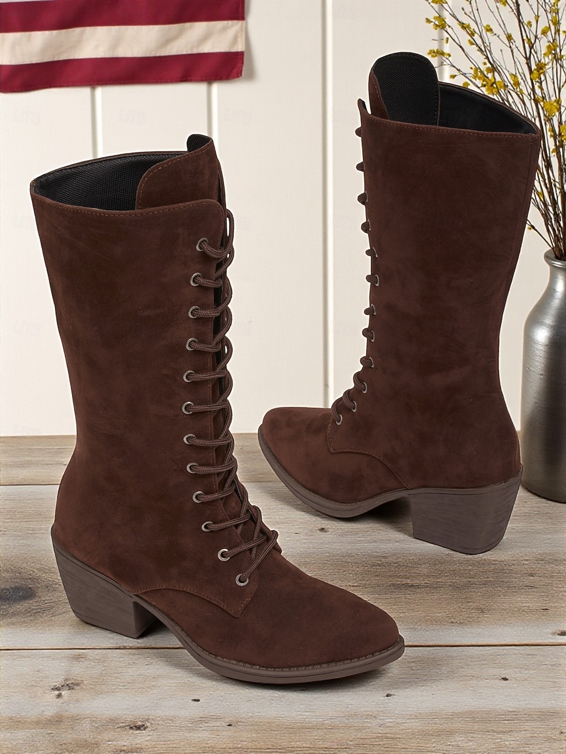 Botas femininas de cano médio em camurça sintética marrom escuro com salto grosso – botas estilo vintage para outono e inverno e uso diário de 2025 por $42.99 –P4