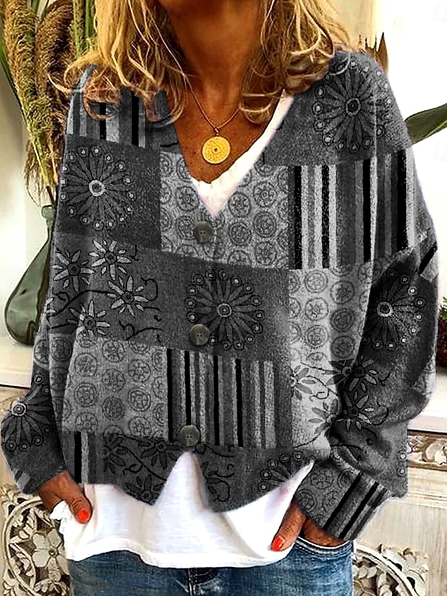 Femmes Pull Cardigan Élégant ancien Mode Fleuri Géométrique Rayé Col en V Patchwork Avec Poches Tricoté manche longue Hauts Réguliers Tricoter Extérieur Quotidien Week-end Rouge vin Marron Automne de 2025 ? $24.99 –P3