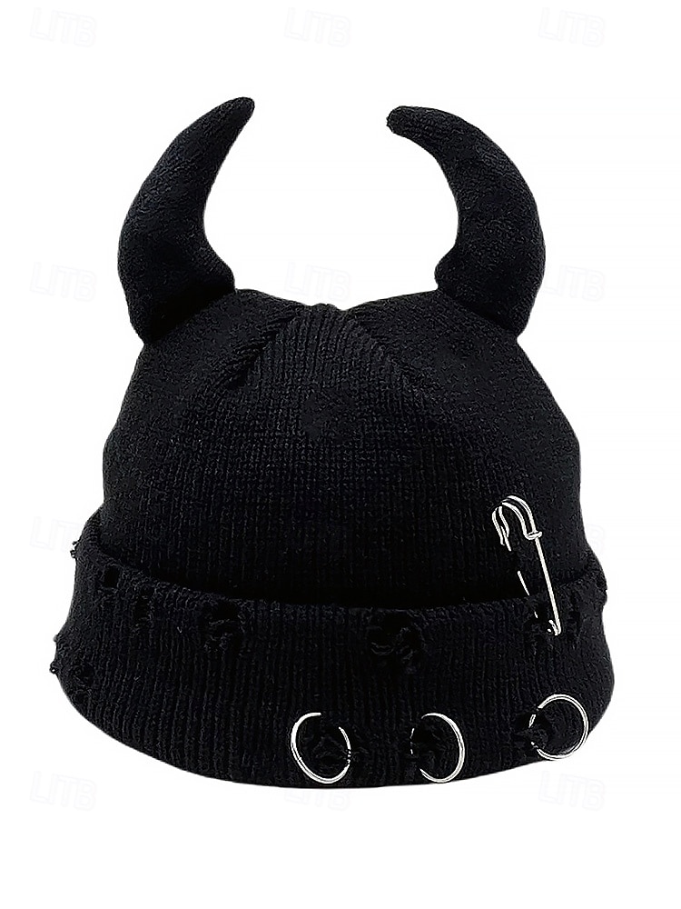 unisex halloween-paholaisen sarvineulepipo – goottilainen punk-kallomyssy hakaneulalla ja rengaskorjauksilla miehille ja naisille, juhla-asu 2025 - $11.99 –P5