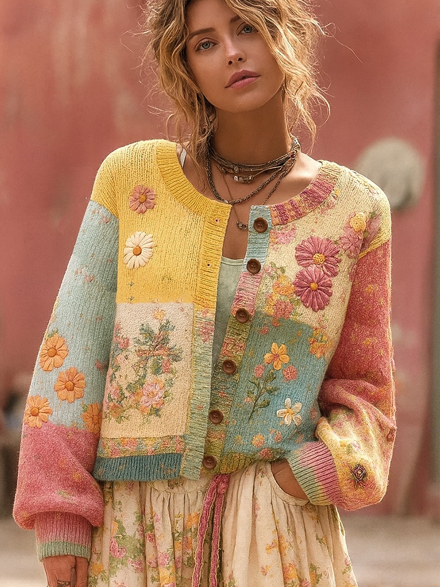 Naisten Neule Päivittäin Kukka Joustin Tiukka pyöreä kaula-aukko Napit Painettu Pitkähihainen Tavalliset topit Neuloa ulko- Viikonloppu Musta Keltainen Kevät Syksy 2025 - $36.99 –P1