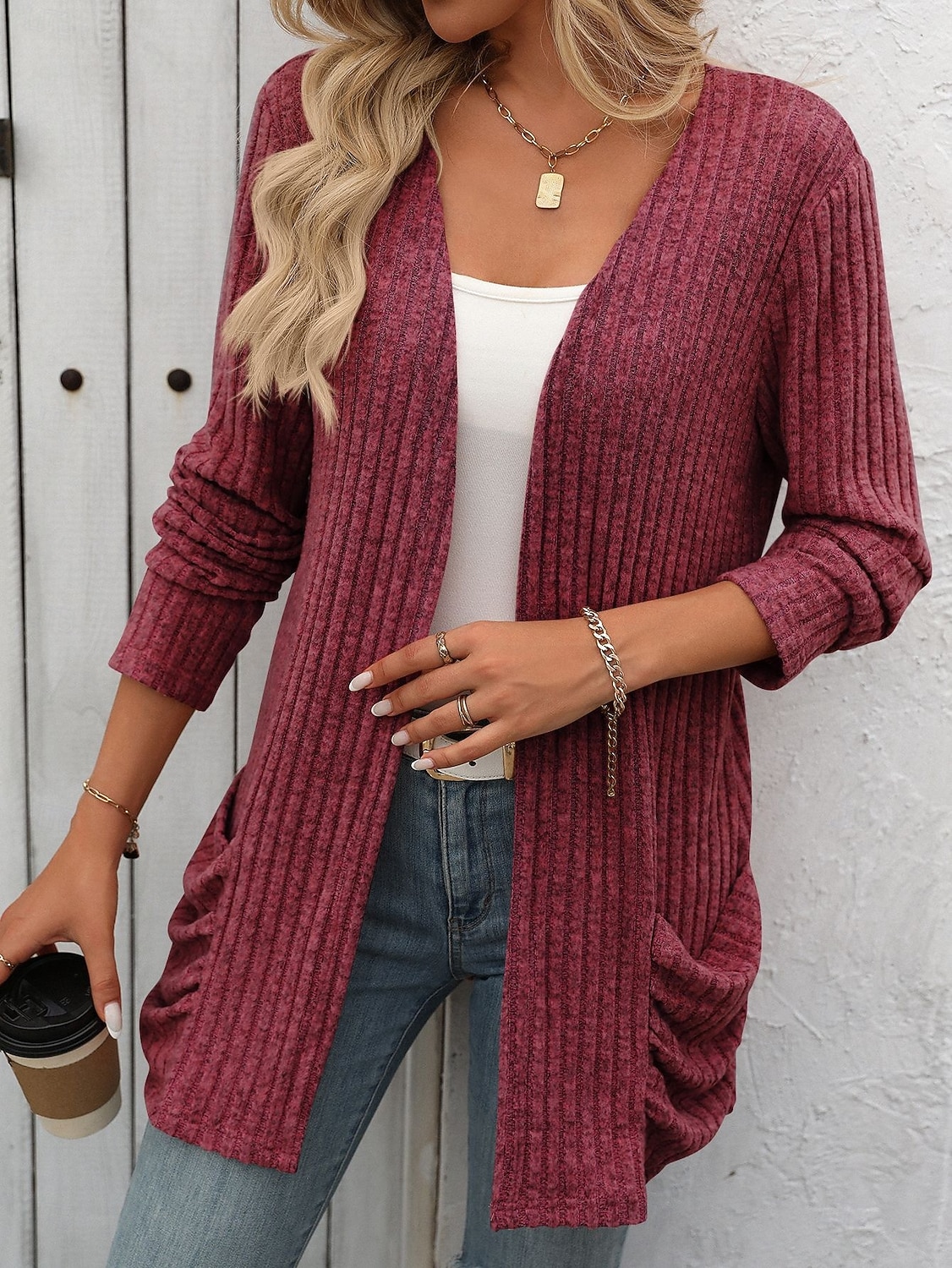 Dam Vinterkappa Bekväm Andningsfunktion Ficka Öppen front Elegant Ledigt Slät Semester Gata Ledigt Dagliga kläder Öppen front Normal Kraglös Normal Långärmad Ytterkläder Rodnande Rosa Rubinrött Blå 2025 - $27.99 –P5