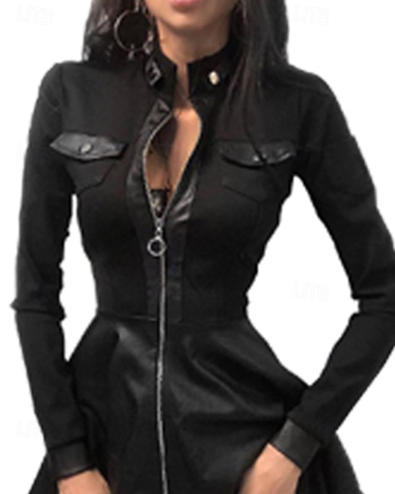 Per donna Mini Abito Abito nero Abito in pelle Moda Moderno All'aperto Ferie Uscire Vestibilità regolare Semplice Manica Lunga Collo alla coreana Nero Autunno Inverno del 2026 a $32.99 –P3