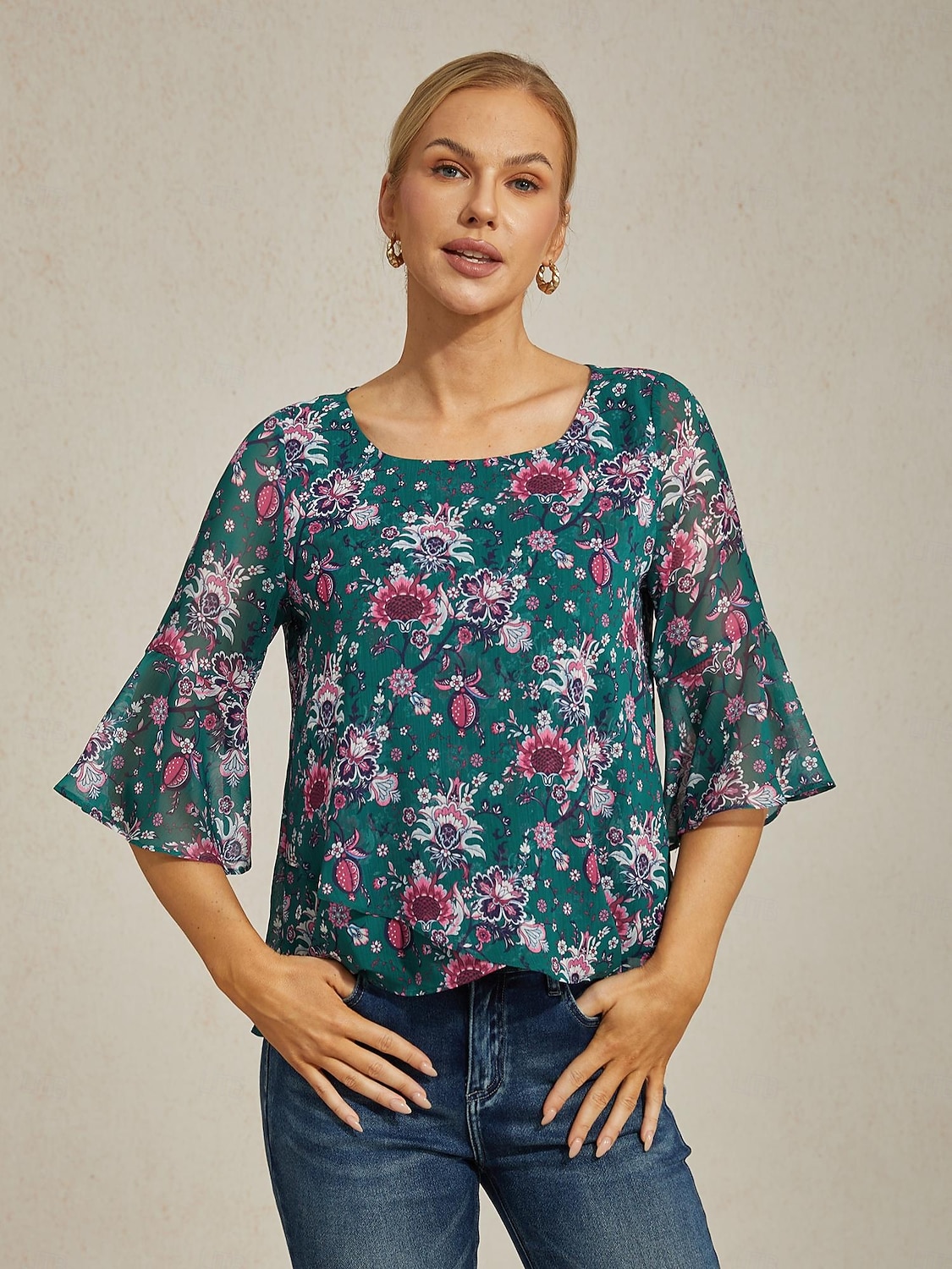 Femminile Floreale Casuale Verde Stampa Manica 3/4 Elegante Il giro Estate Primavera Autunno del 2025 a $61.99 –P1