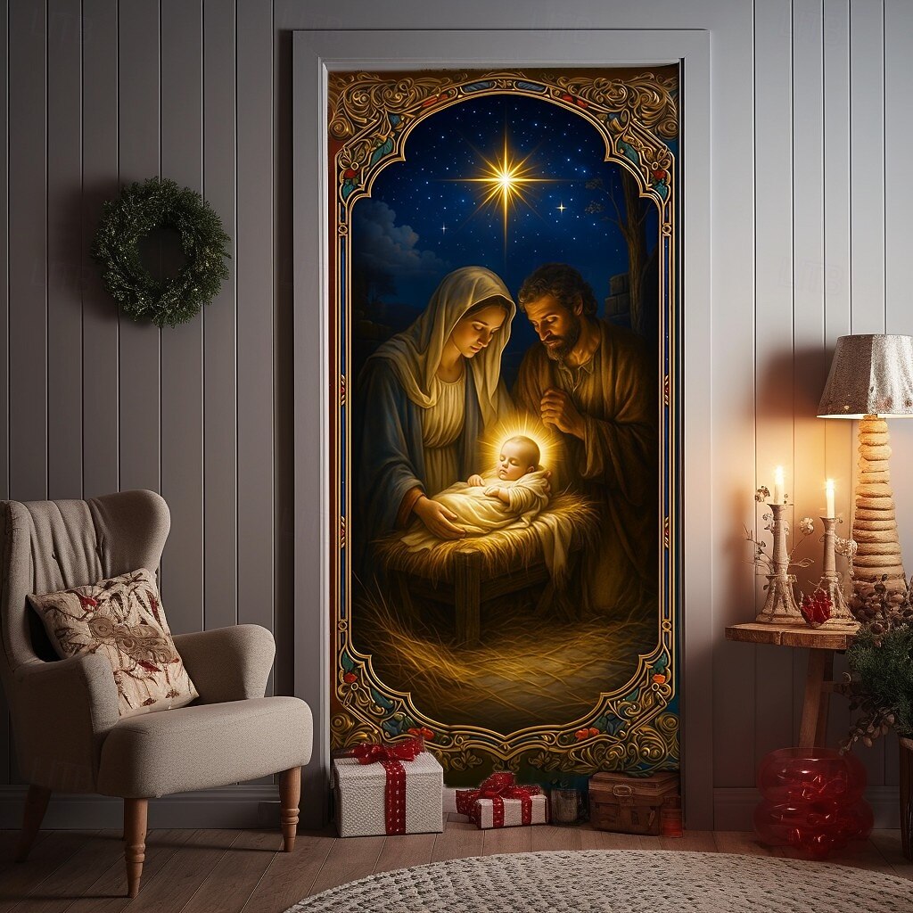 Karácsonyi Ajtófólia Betlehem Színhely Ajtófüggöny Babával és 2025 Karácsonyi Ajtófüggő Ünnepi Party Otthoni Dekorációhoz 2026 - $22.99 –P1