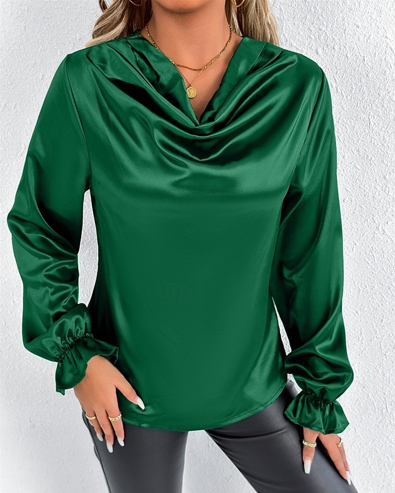 Жен. Рубашка Elegant Нарядный Атласный верх Драпировка Сплошной цвет Стиль На каждый день Длинный рукав Вырез-хомут Обычные топы Повседневные На выход Черный Розовый Зеленый Абрикосовый Весна Осень 2026 - $27.99 –P4