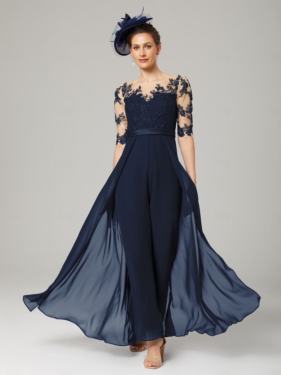 Kombinezon dla Matki Panny Młodej Formalna Gość Ślubna Elegancka Przyjęcie Wykrojony Rękaw 3/4 Długości Kostek Chiffon Koronka z Aplikacjami 2025 - $169.99 –P1