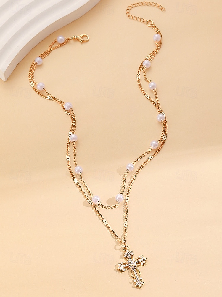 Collar de cruz navideña para mujer, cadena de oro en capas con colgante de perla y diamantes de imitación, elegante joyería navideña para fiestas, bodas y regalos. 2026 - $5.99 –P4