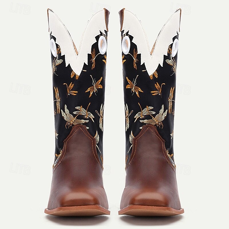 Herren Stiefel Cowboystiefel Stickerei Retro Spaziergang Vintage Lässig Outdoor Täglich PU Leder Bequem Rutschfest Atmungsaktiv Mittelstiefel Slipper Braun Frühling Herbst Winter 2025 - $59.99 –P6