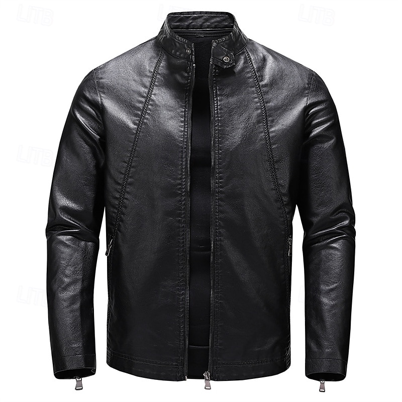 Men's Faux Leather Jacket Fleece Jacket Biker Jacket Motorcycle Jacket Vacation Daily Windproof Warm Pocket Fleece Fall Winter Plain Fashion Classic Stand Collar Regular Black White Wine Jacket 2025 - $54.99 –P16