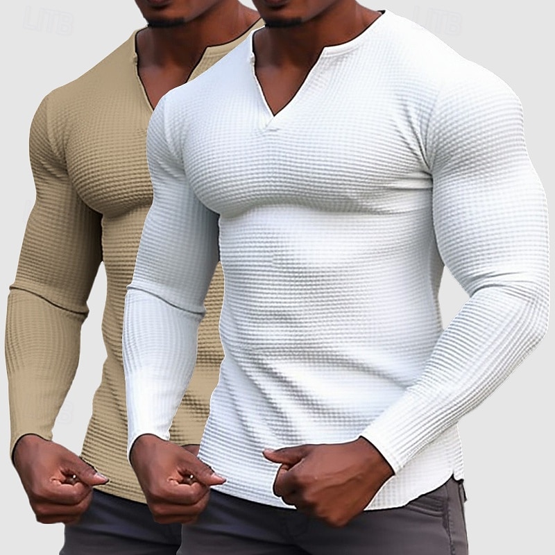 Homens Camisa Waffle Camiseta T-shirt Camisa de manga longa Manga Longa Decote V Henley Primavera & Outono Todas as Estações Tecido Moda Designer Básico 2 Peças Multi-pack Férias Rua Casual C D E Top de 2026 por $32.99 –P9