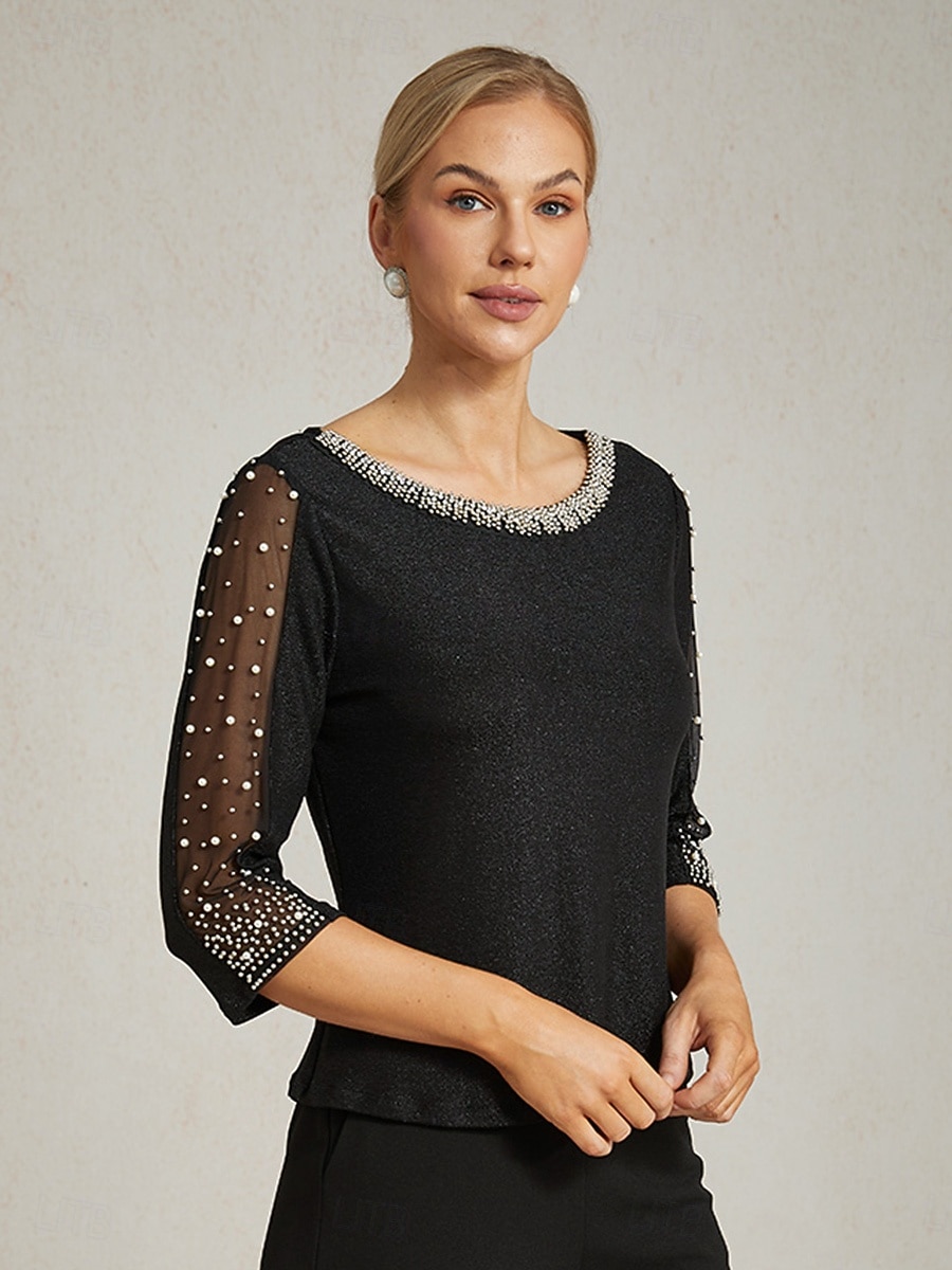 Per donna Top Eleganti Con perline Metallico Guanto Elegante Quotidiano Signore Manica 3/4 Girocollo Top Regolari Ospite di nozze Abbigliamento da sera Semi-Formale Nero Primavera Autunno Inverno del 2026 a $75.99 –P2