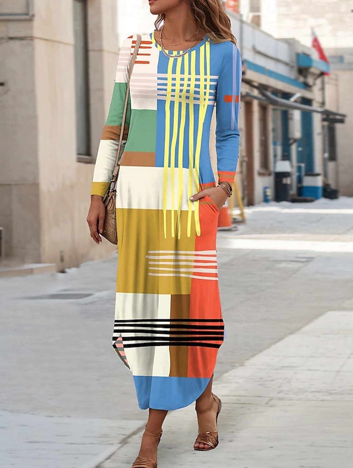 Damen Midikleid Etui-Kleid T-Shirt-Kleid Urlaub Lässig Boho Ferien Date Normale Passform Grafik Geometrisch Abstrakt Langarm Rundhalsausschnitt Gelb Rosa Blau Purpur Frühling Herbst Winter 2025 - $31.99 –P1