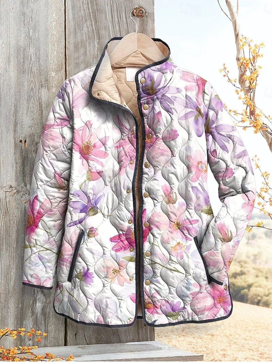 2025年 女性用 冬物ジャケット パフジャケット 保温 快適 ポケット ボタン プリント ファッション 日常 屋外 フラワー バケーション カジュアル 日常 シングルブレスト レギュラー スタンド レギュラー 長袖 アウターウェア ライトピンク イエロー ブルー 秋 冬  コレクション – $45.99 –P1