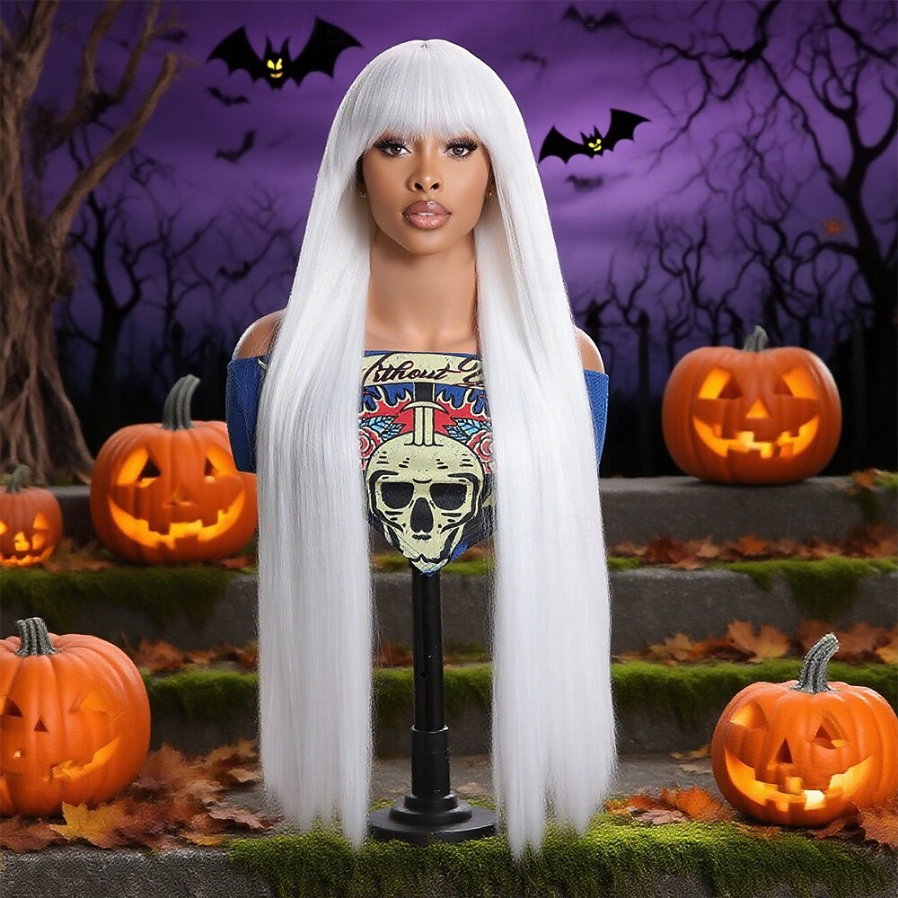 2026年 人工毛ウィッグ ストレート ナチュラルストレート ミドル部 ニートバング かつら 非常に長いです ホワイト 合成 36 インチ 女性用 ソフト 快適 白  コレクション – $40.99 –P2