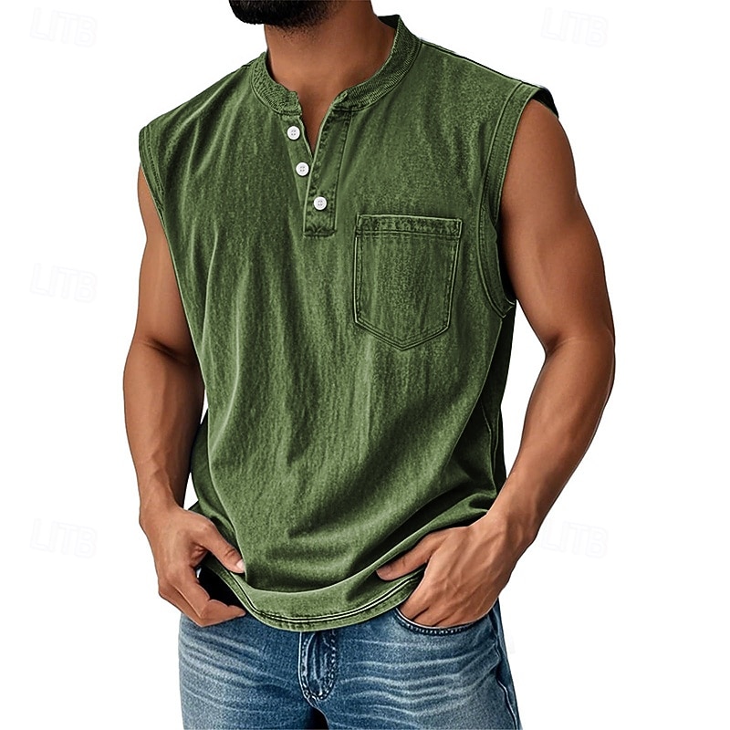 Regata masculina, camiseta sem mangas, camisa de algodão sem mangas, henley, verão, lisa, designer de moda, básica, bolsos, botões, férias, rua, saída, preta, verde claro, rosa, camiseta para homens de 2025 por GBP £18 –P15