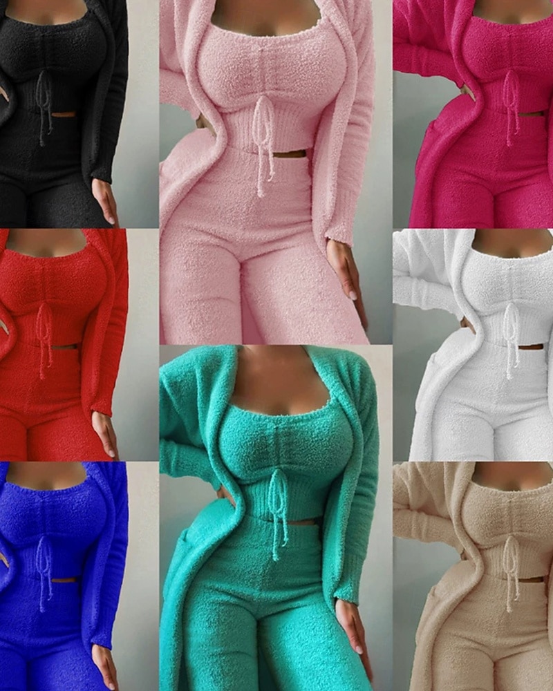 Women's Loungewear Pajama Set Flannel Fashion Casual Pure Color Elastic Waist Pullover Pant Vacation Home Daily Long Sleeve Crew Neck Light Pink Black White Pink Royal Blue Summer Spring Winter Slim 2026 - $41.99 –P1
