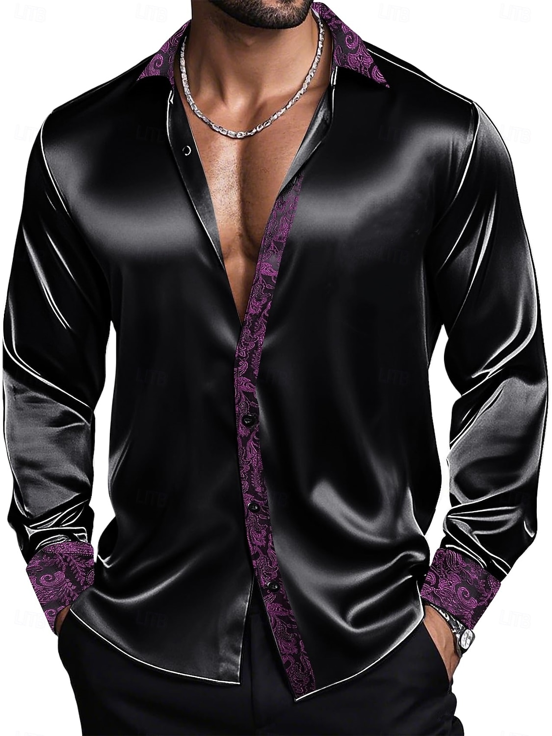 Herren Hemd Satinhemd Kleidhemd Freizeithemd Knopfhemd Abschlussballhemd Einfach Hochzeit Party Silber Rosa Rote Blau Langarm Revers Frühling Ganzjahres Bekleidung 2025 - $26.99 –P4