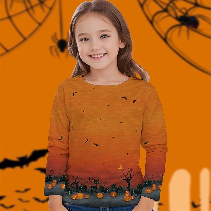 חג ליל כל הקדושים בנות תלת מימד דלעת חולצה קצרה טישירט שרוול ארוך אביב סתיו אופנתי בסיסי ילדים 4-12 שנים צווארון עגול קצר בָּחוּץ קזו'אל יומי רגיל 2025 - $13.99 –P1