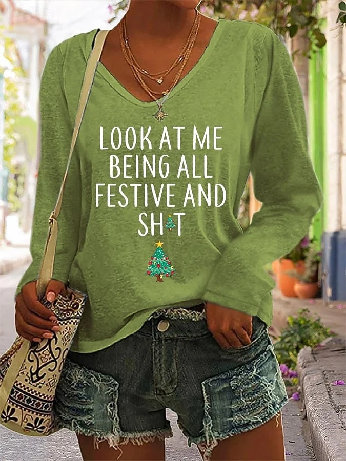 Noël Femmes T-shirt Graphique Arbre de Noël Lettre ancien Élégant Classique manche longue Col en V Hauts Réguliers Quotidien Imprimé Noir Blanche Rose Claire Rouge Vert Printemps Automne Hiver de 2025 ? $10.99 –P5