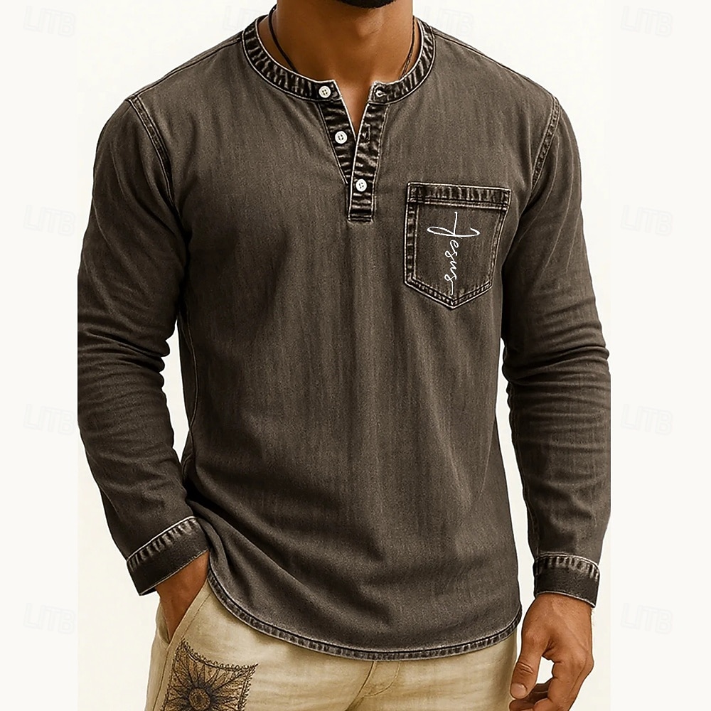 Pánské Tričko Henley Trička Tričko Top Tričko s dlouhým rukávem Dlouhý rukáv Henley Podzim Zima Retro Módní Designové Móda Retro Dovolená ulice Jdeme ven Tmavěhnědá Námořnická modř Černá Top tričko 2025 - $35.99 –P10