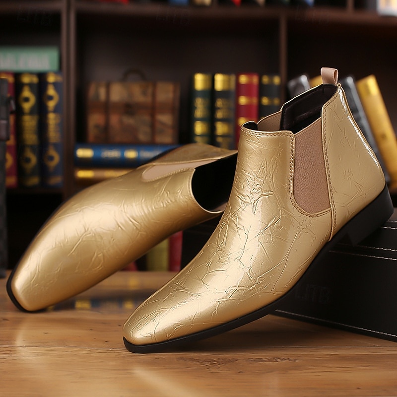 Botas Chelsea masculinas com relevo dourado – botas de cano curto de couro sintético com acabamento brilhante, sapatos formais elegantes para casamentos, festas e apresentações no palco de 2025 por $42.99 –P12