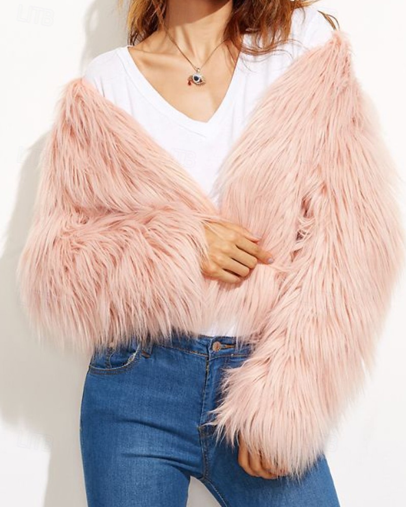 Damen Kunstpelzmantel Warm Bequem Pelze & Leder Mode Einfach Urlaub Straße Ausgehen Wochenende Regulär Rundhalsausschnitt Normale Passform Langarm Oberbekleidung Schwarz Weiß Rosa Herbst Winter 2025 - $39.99 –P2