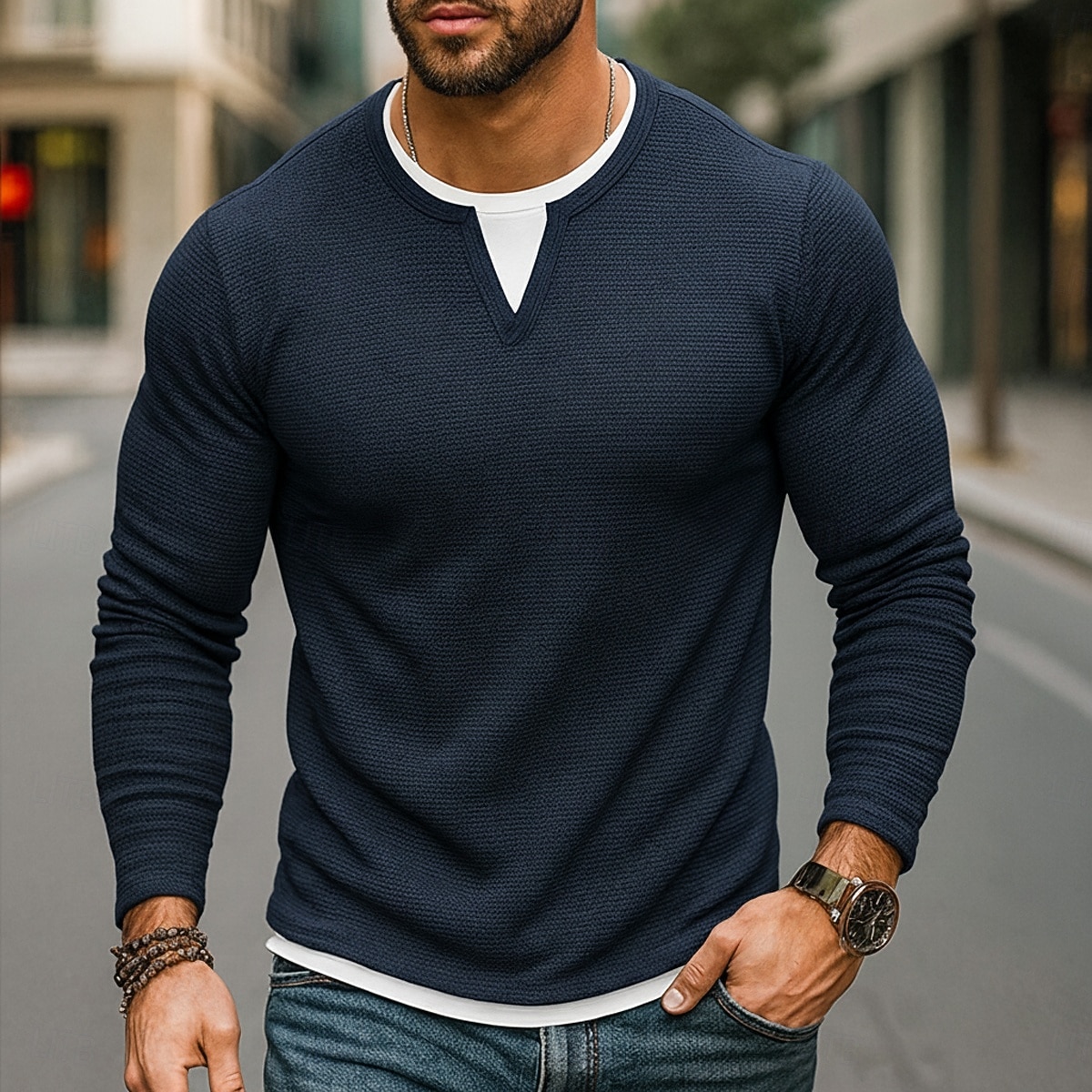 Pánské Vaflové tričko Tričko Waffle Henley košile Dlouhý rukáv Tričkový Do V Celý rok Pevná barva Tradiční a retro Na běžné nošení falešný dva kusy Ležérní Domů Venkovní Fialová Top tričko pro muže 2026 - $25.99 –P8